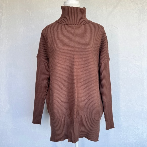 LILLUSORY Turtleneck Oversized Ribbed Tunic Sweater Chocolate Brown S Casual - Picture 2 of 15